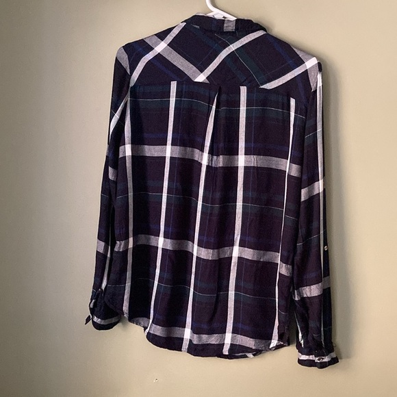 Dynamite blue green white plaid button down shirt with front pockets. - Picture 2 of 7